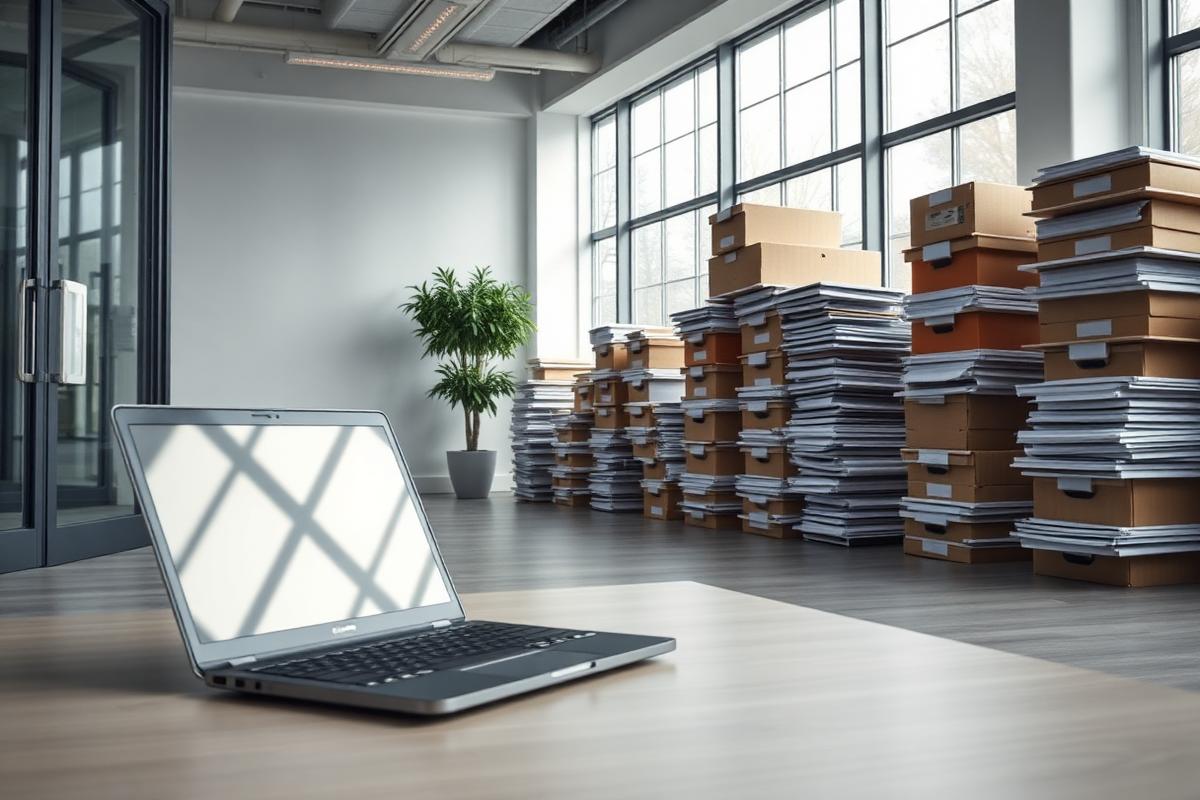 Stacked document boxes and a closed laptop in an emptied office.