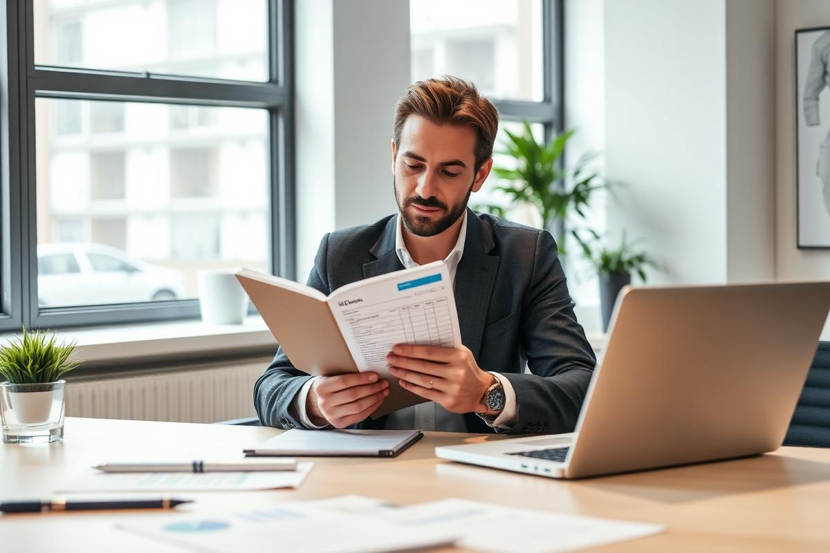 Managing agent reviewing supplier invoices at an office desk.