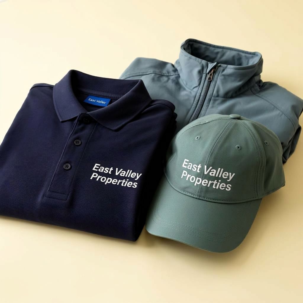 Branded East Valley Properties staff clothing - polo shirt, jacket and cap