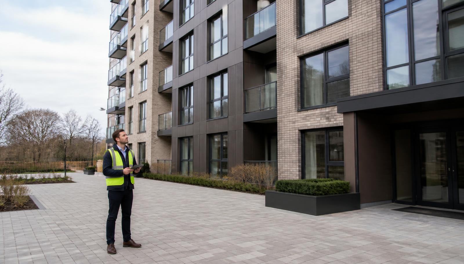 Building safety professional inspecting the external wall and cladding of a UK residential apartment building