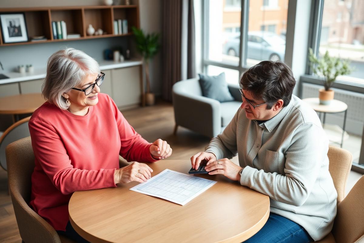 Two leaseholders reviewing a management fee breakdown in a communal lounge.