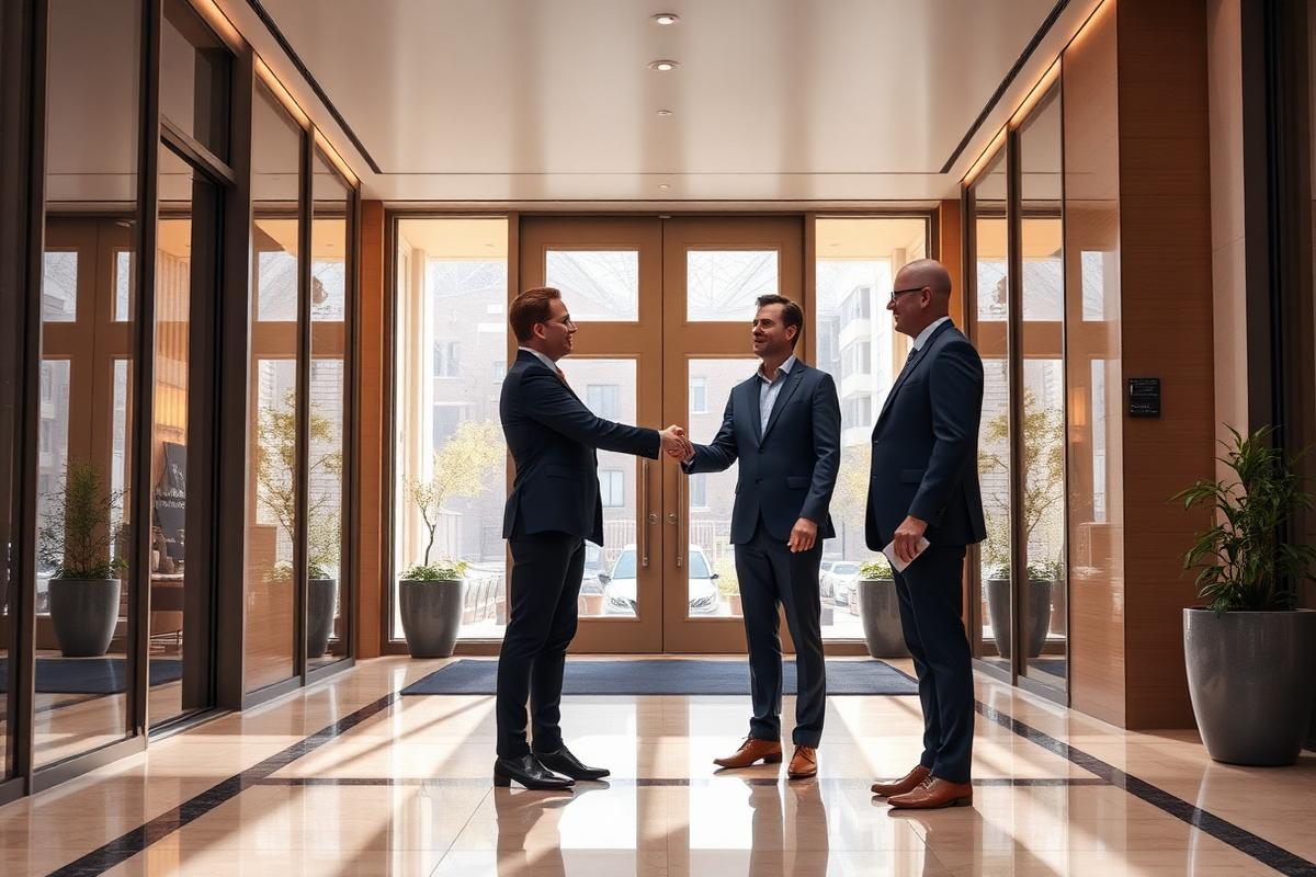 Resident directors shaking hands with a property manager in an apartment lobby.