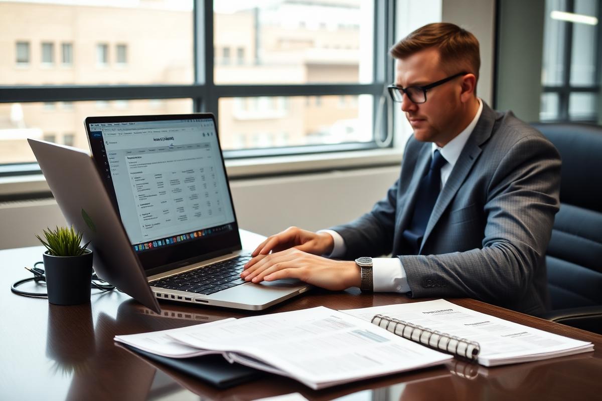 Company director completing annual accounts filing on a laptop.