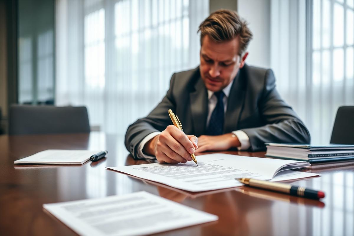 Company director signing a formal document at a boardroom table.
