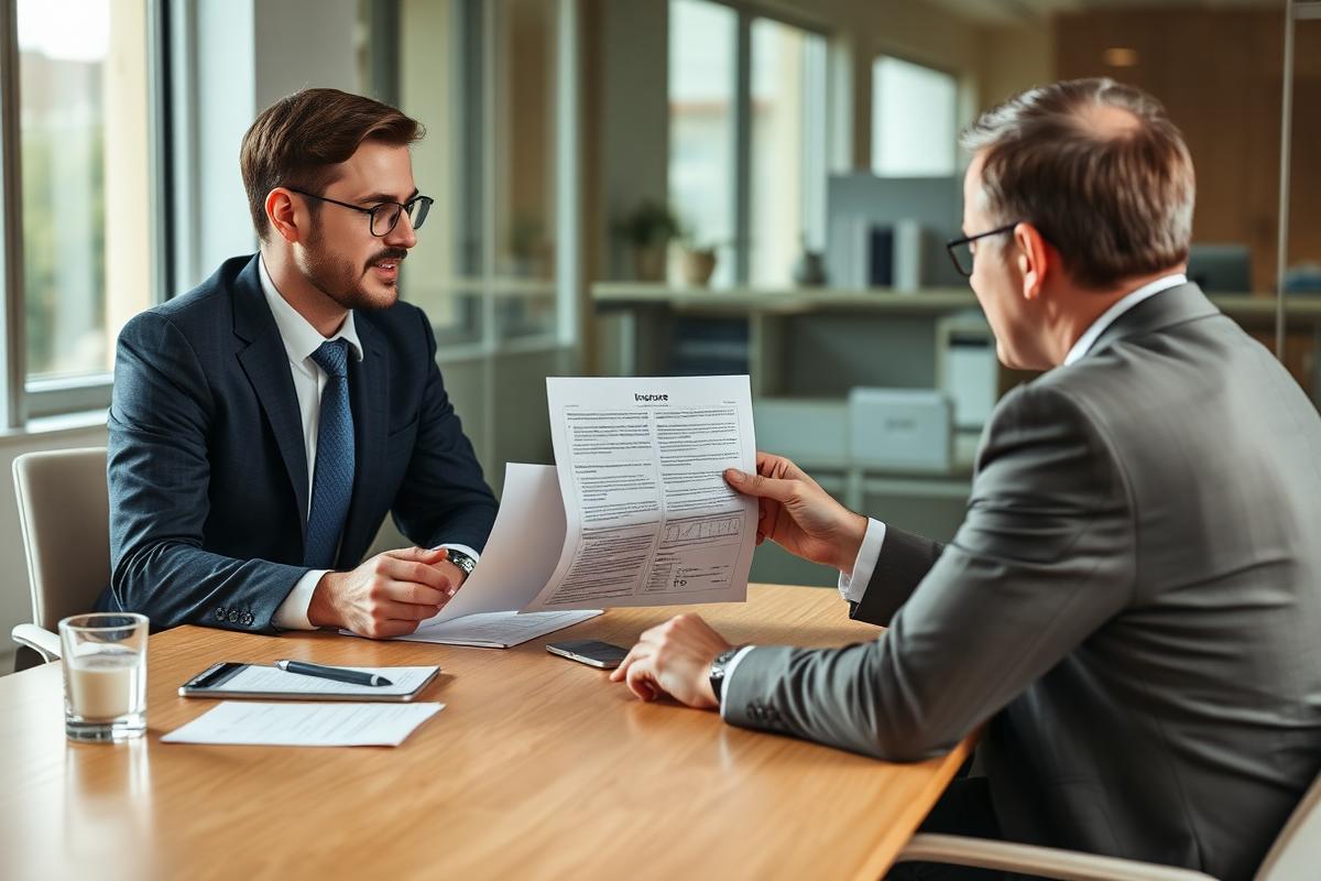 Adviser discussing an insurance policy document with a company director.