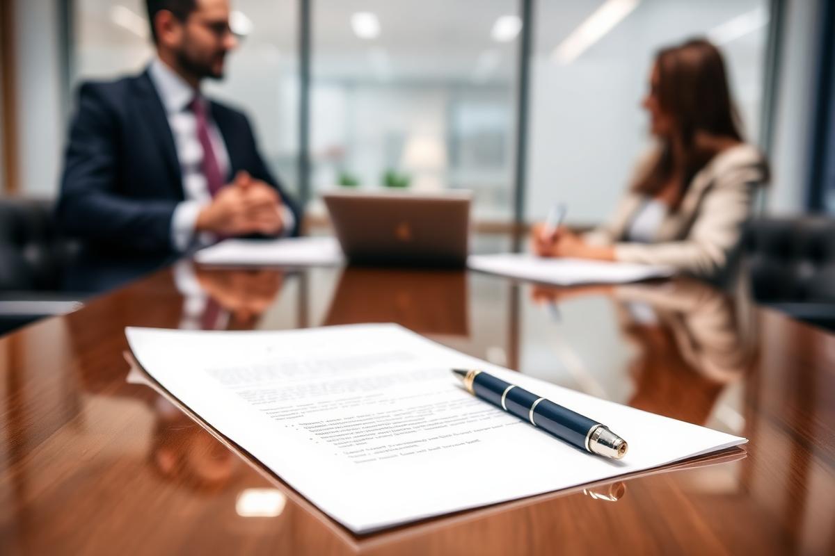 Management contract and pen on a boardroom table during a directors' meeting.