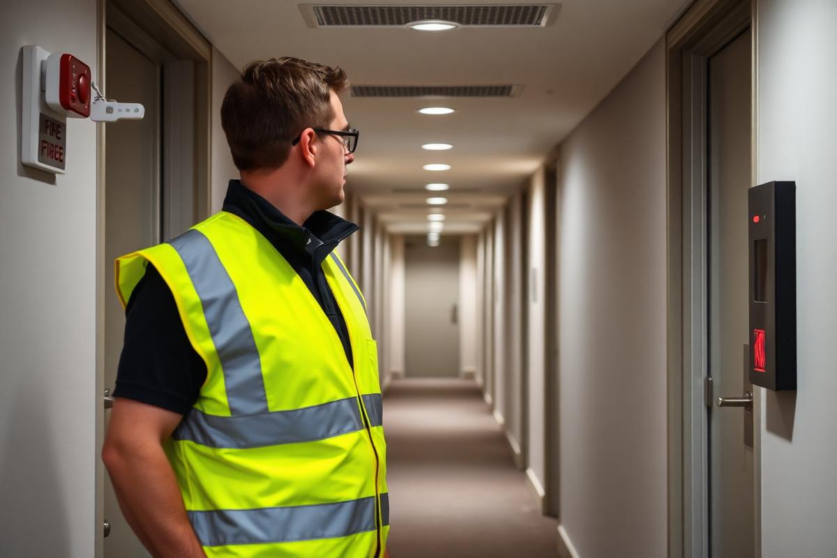Fire safety inspector checking a fire door and alarm point in a block corridor.
