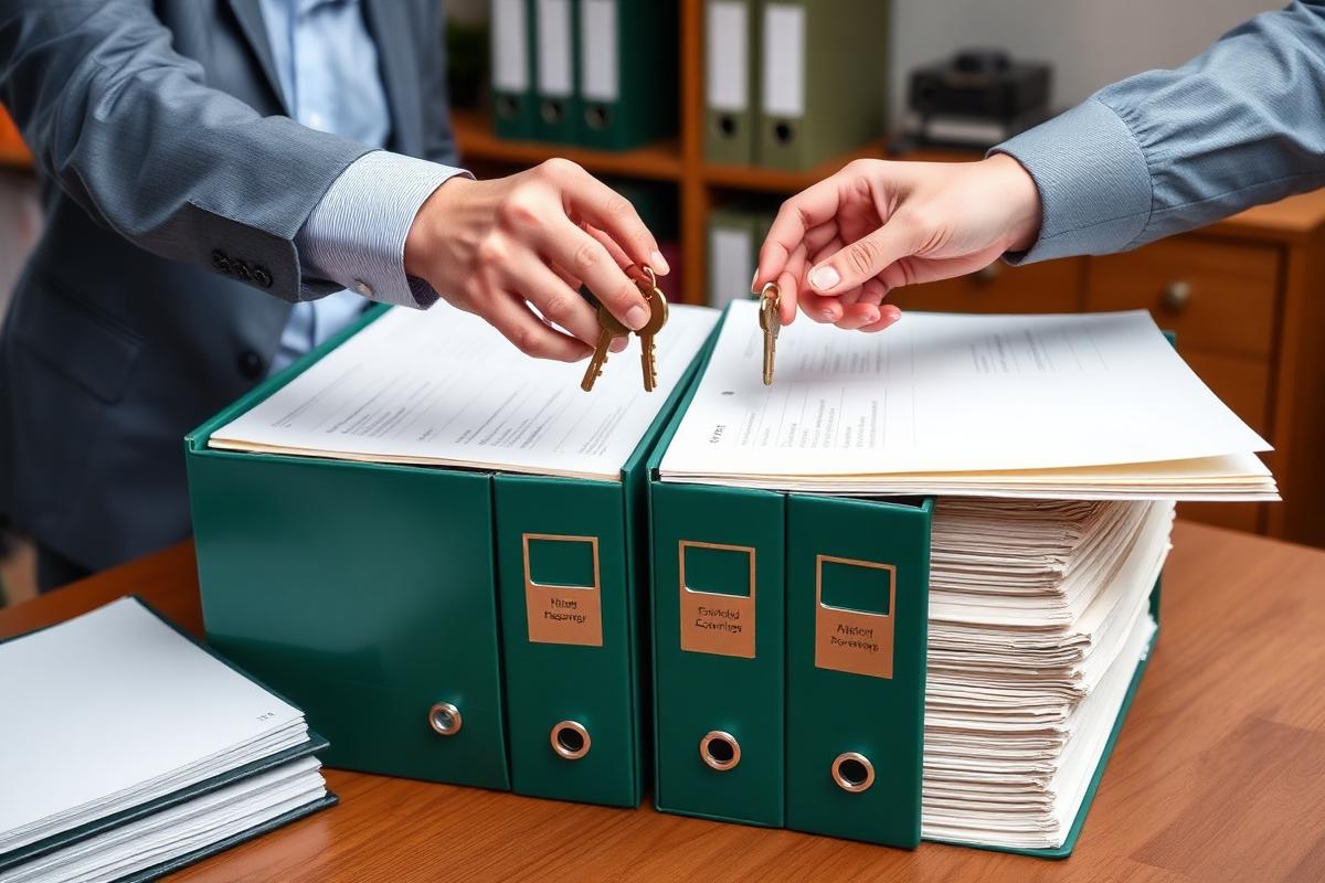 Building records, binders and keys being handed over between property professionals.