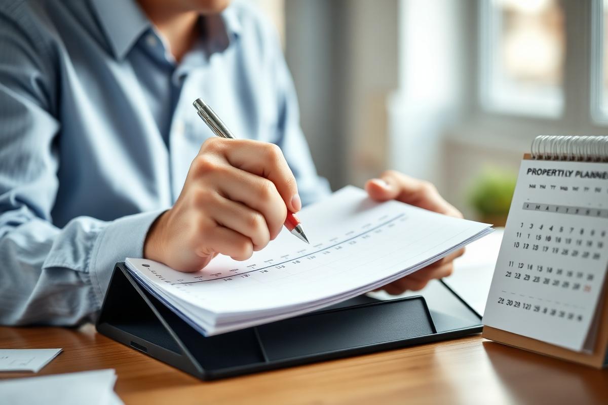 Property manager marking handover dates on a printed planner.