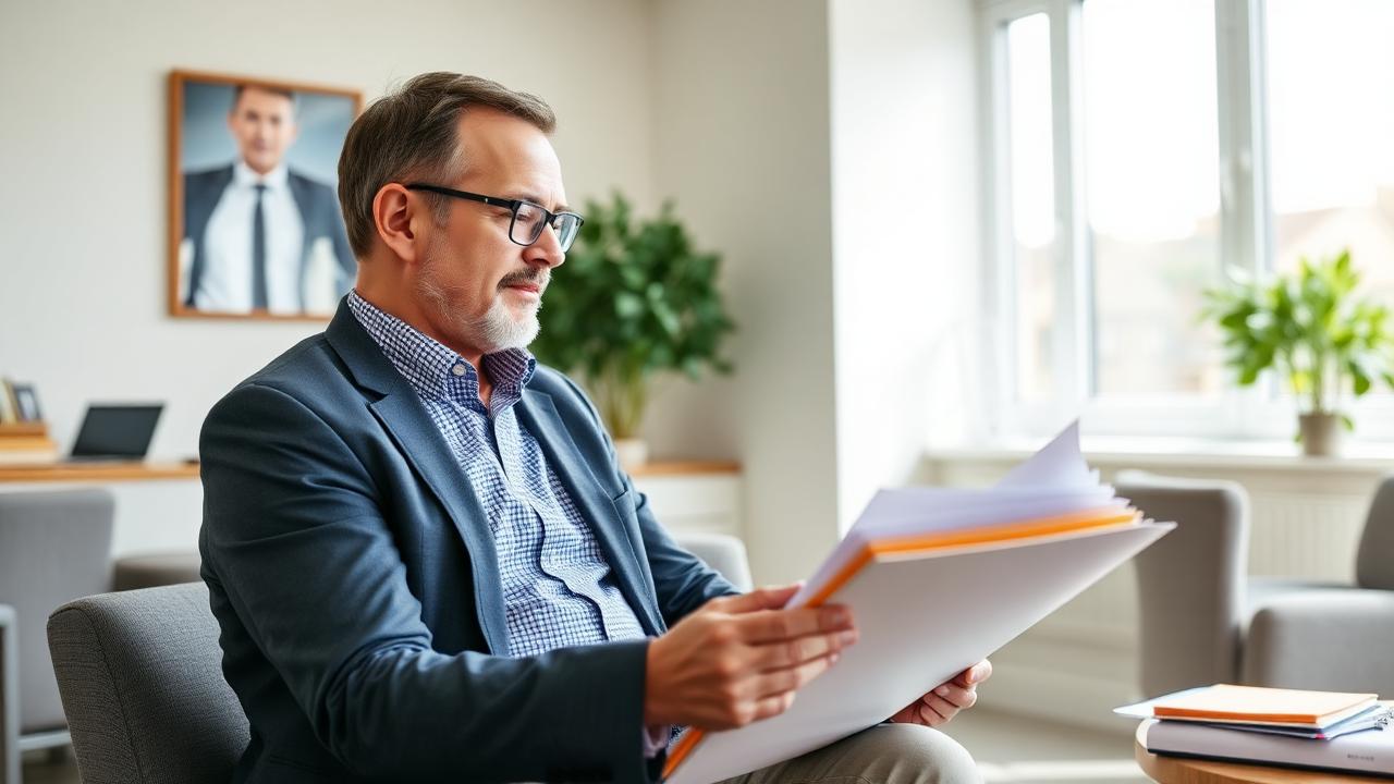 Independent reviewer reading management files in a meeting room.
