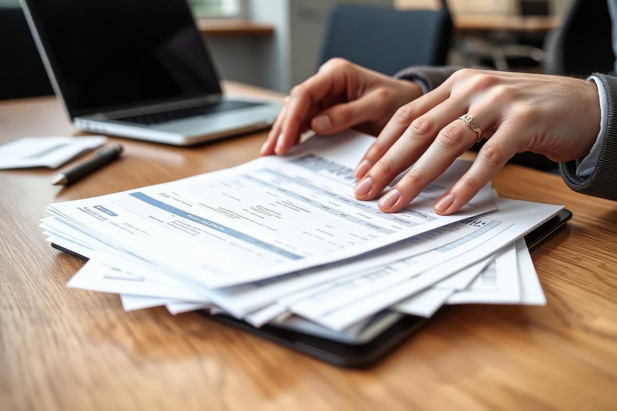 Hands leafing through a folder of paper invoices on a meeting table.