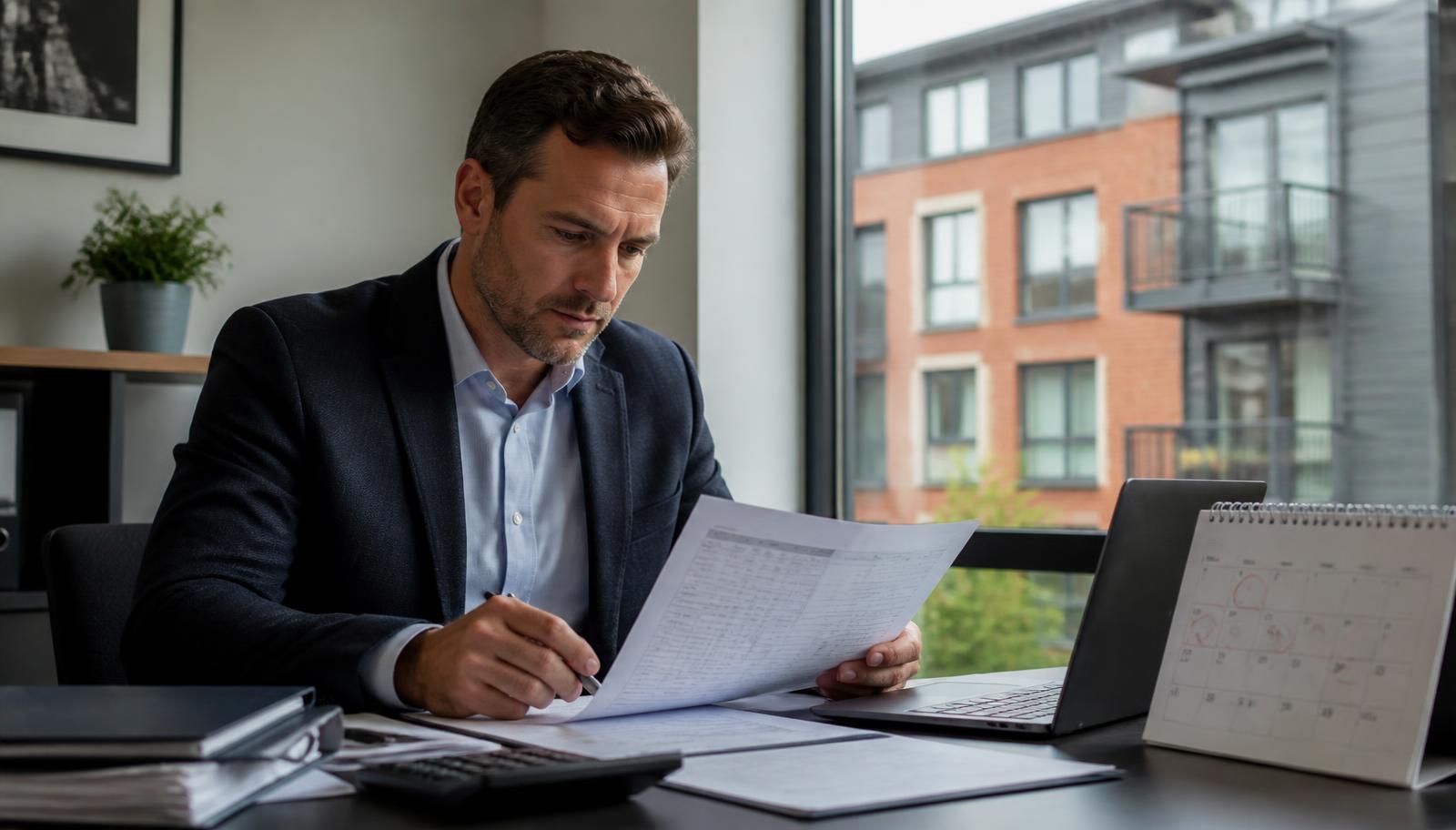 Property manager reviewing service charge demands and lease deadlines for a residential block