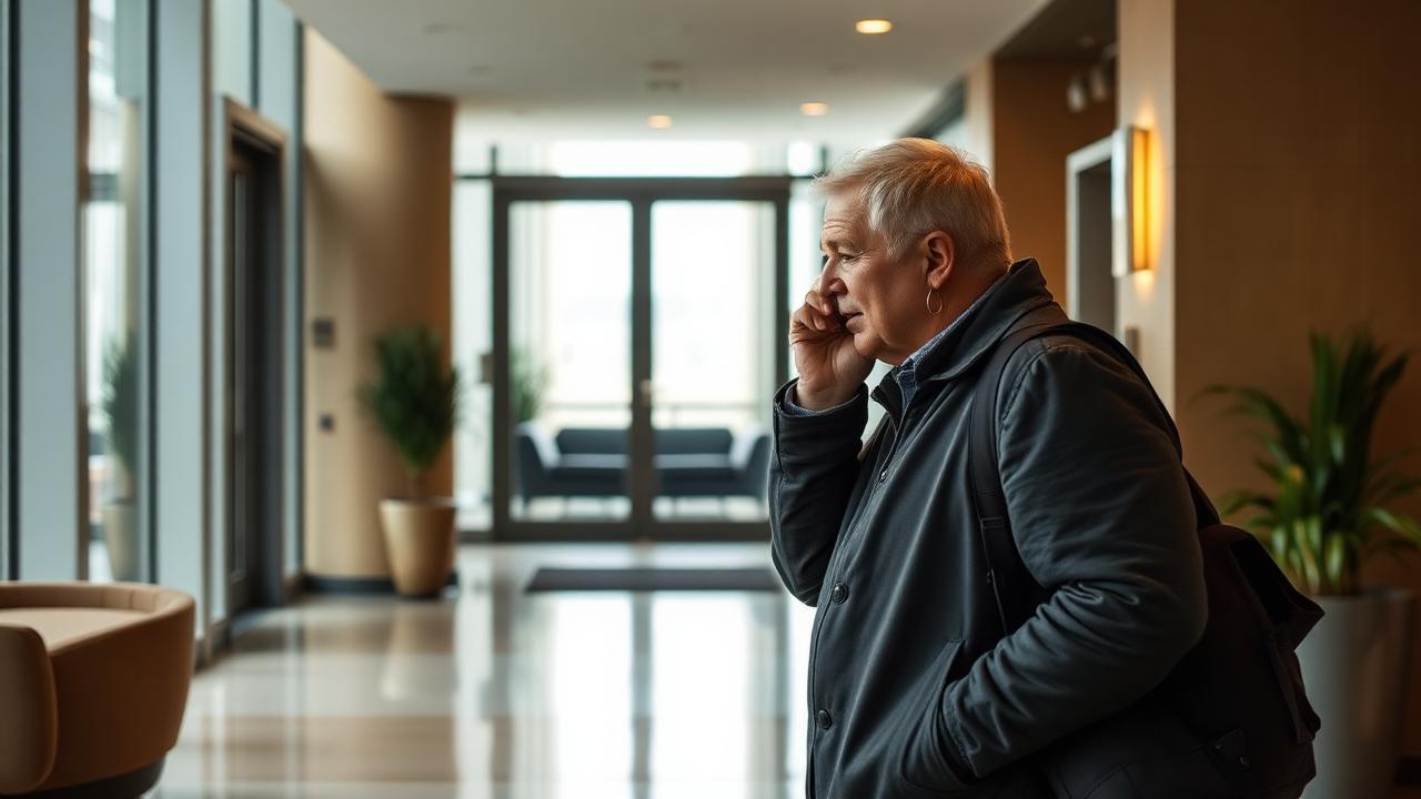 Resident telephoning the managing agent from an apartment block lobby.