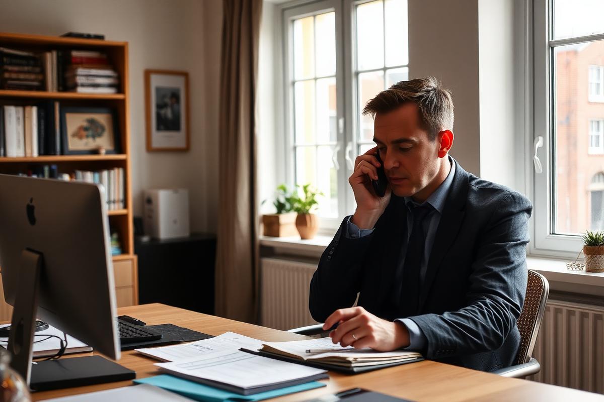 Director taking a reference call about a managing agent while reviewing notes.