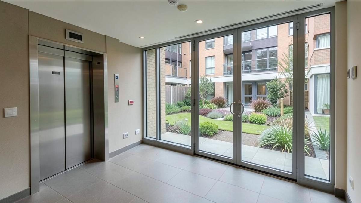 Lift lobby in an apartment block looking out through glass doors to communal gardens.
