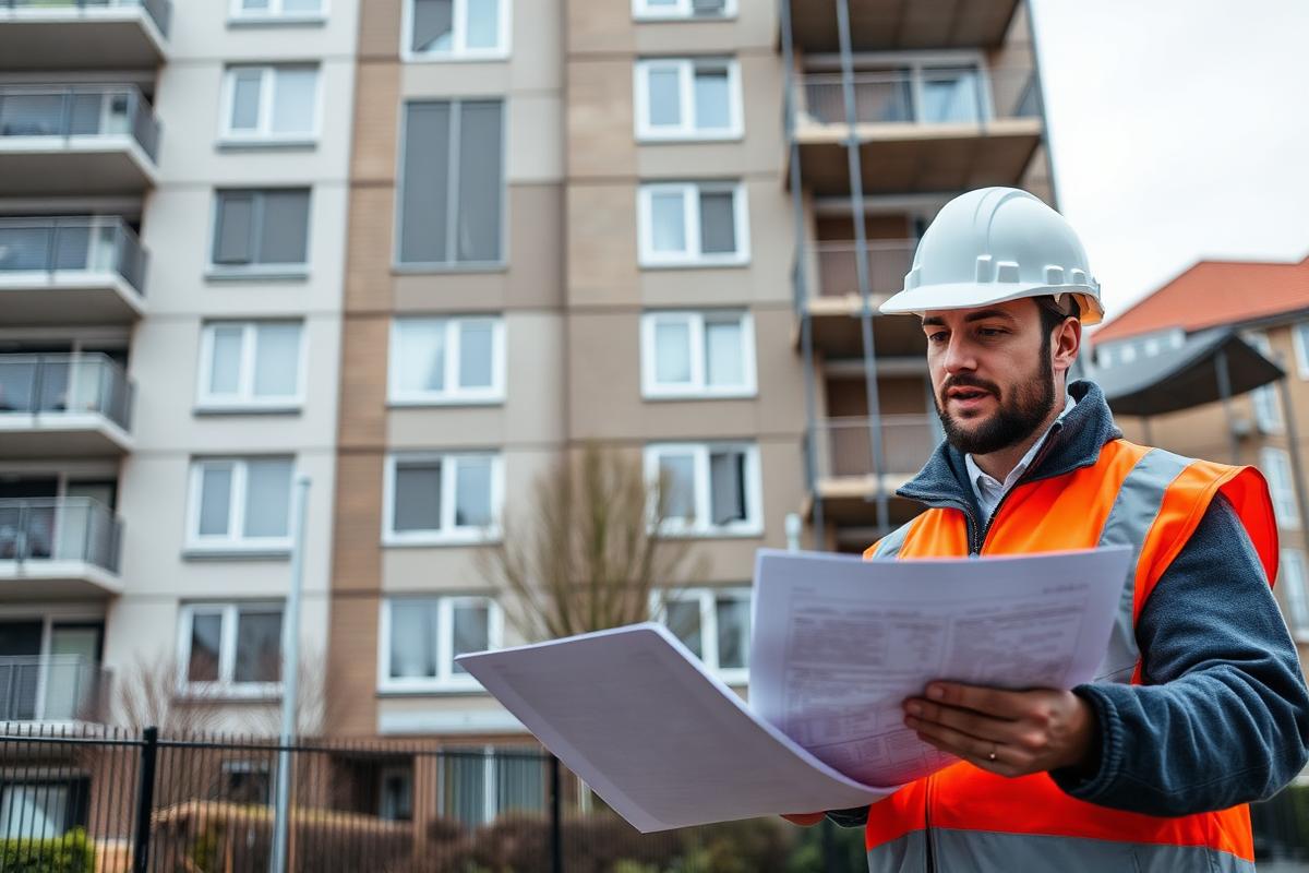 Surveyor reviewing plans outside an apartment block with scaffolding.