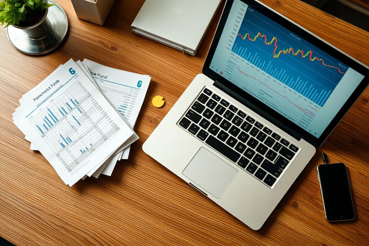 Reserve fund statements and financial charts laid out beside a laptop.