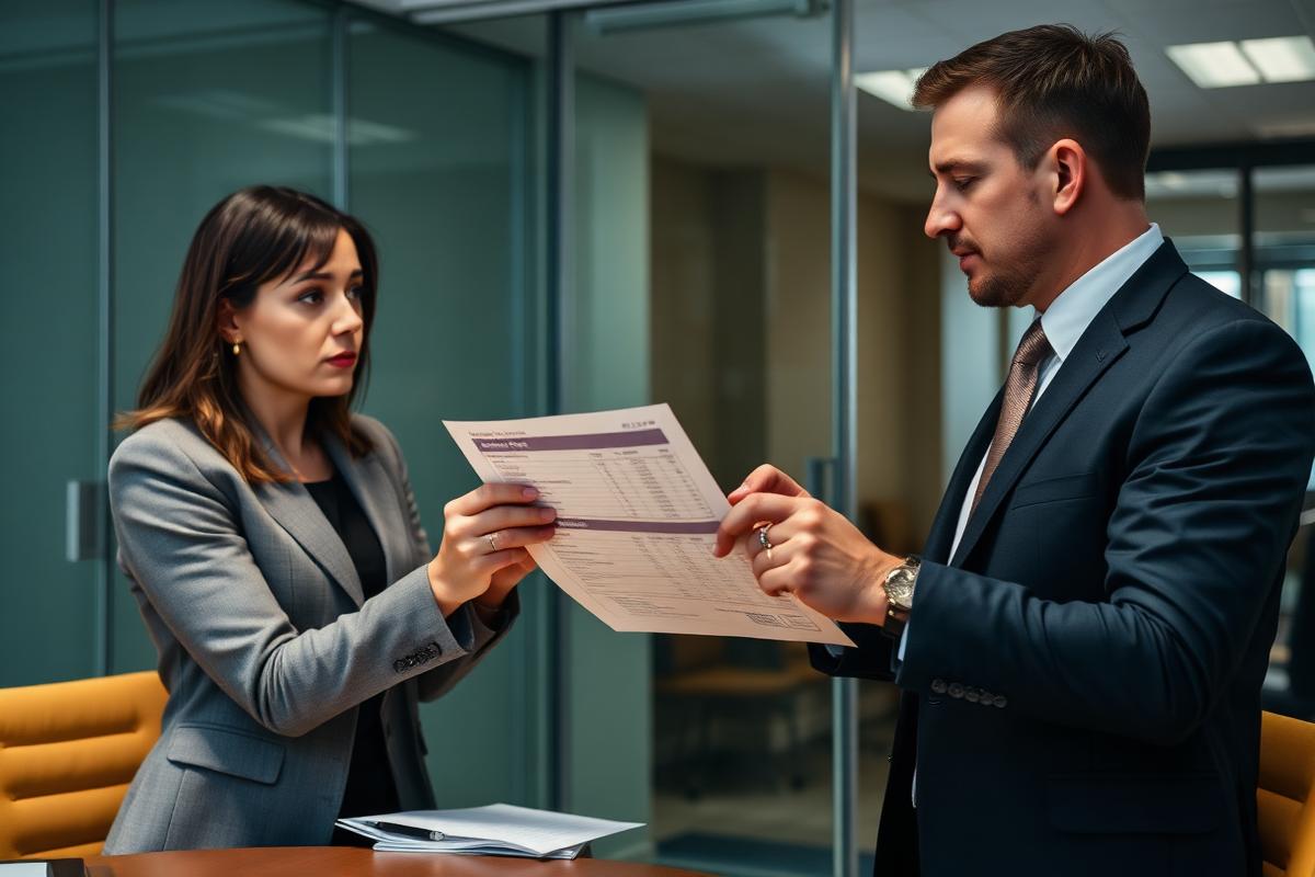 Two property professionals discussing a bank statement in an office meeting room.