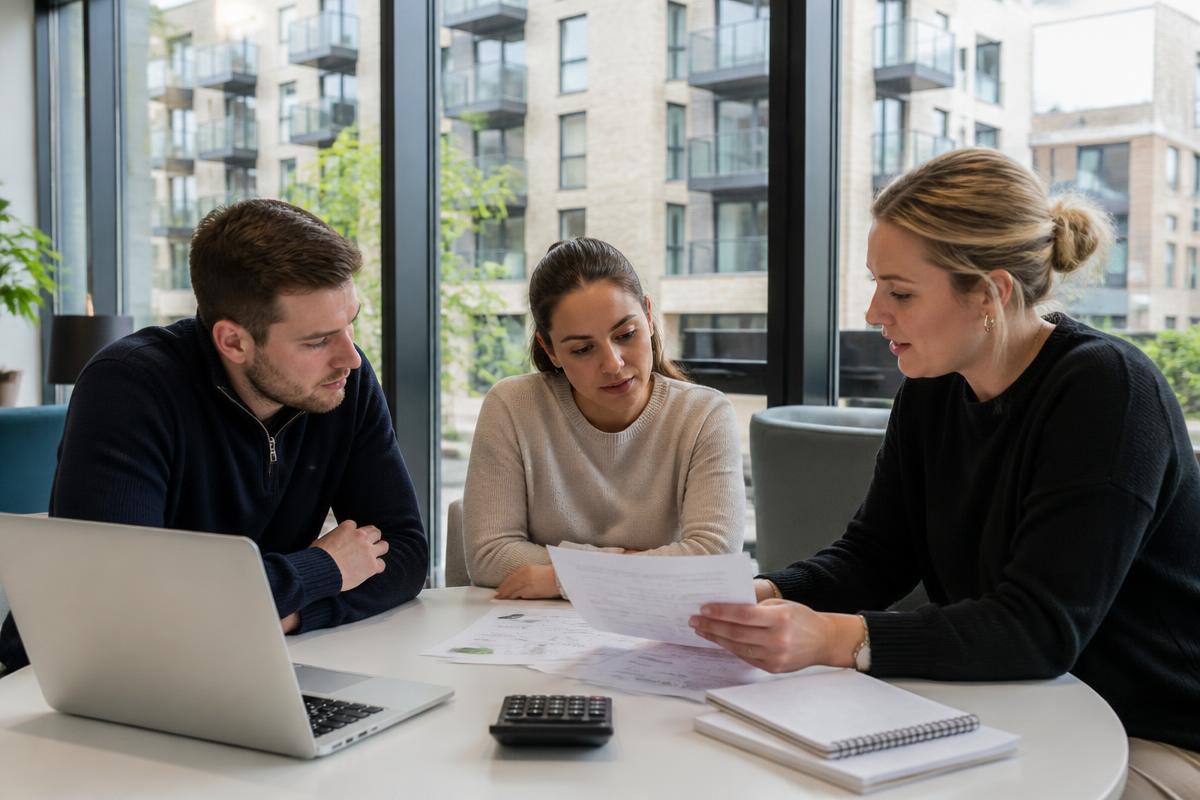 Leaseholders reviewing Right to Manage costs and budget paperwork in an apartment lobby overlooking their block.