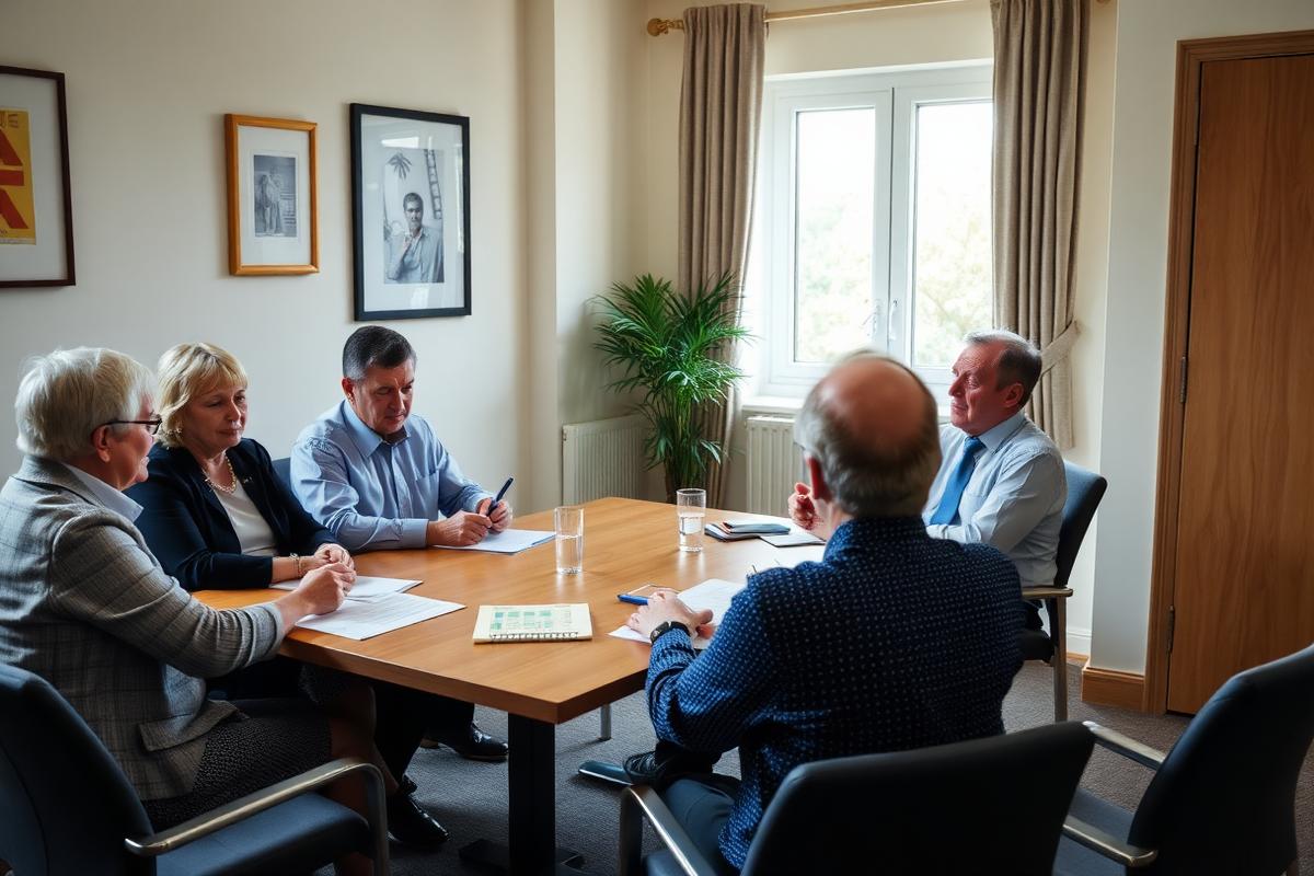 Residents management company directors comparing managing agent proposals around a meeting table