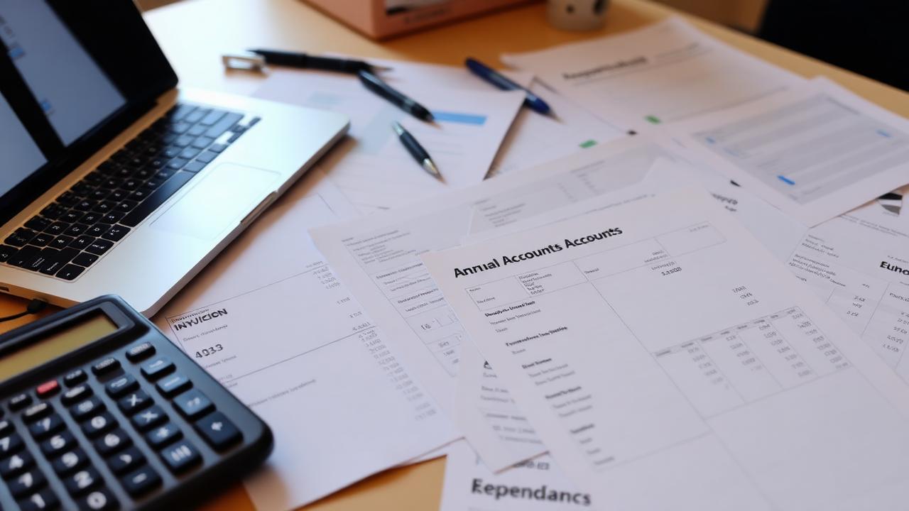 Service charge accounts and supplier invoices laid out on a desk.