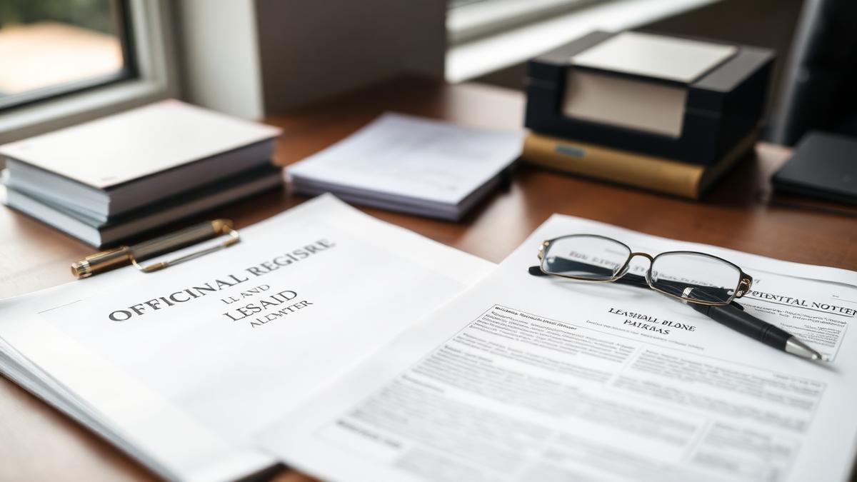 Official land title register and a formal leasehold notice laid out on a desk before an RTM claim.