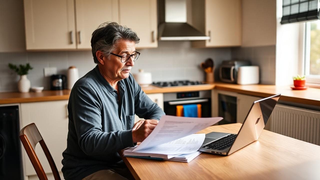 Leaseholder reviewing service charge paperwork and correspondence at a kitchen table.
