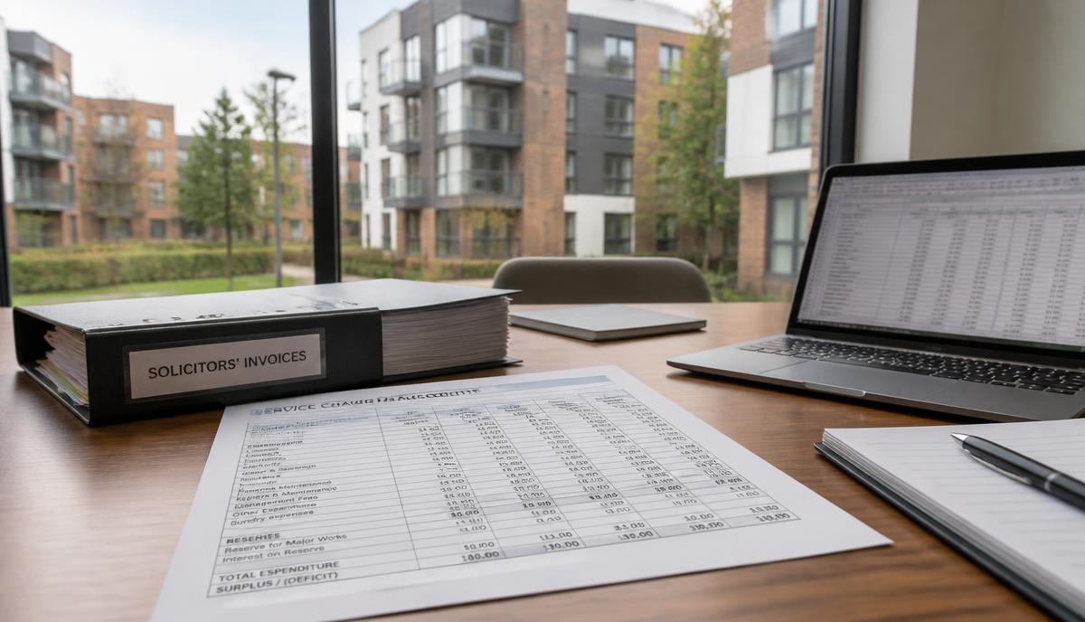 Service charge accounts and a folder of solicitors' invoices on a meeting table overlooking a residential apartment block.