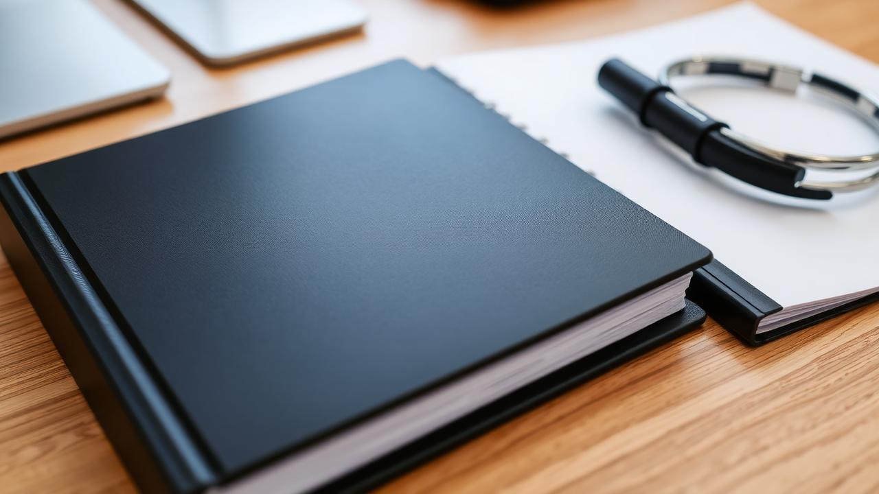 Statutory company register book and records binder on a desk.