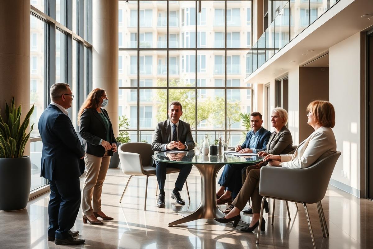 Resident directors holding a management meeting in an apartment building lobby.