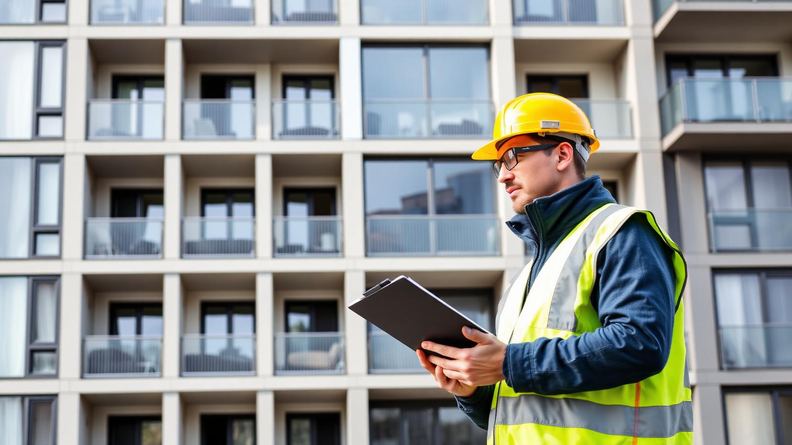 Surveyor inspecting a modern apartment block facade
