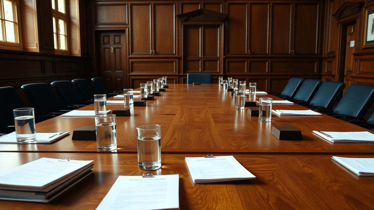 Hearing room prepared with document bundles ahead of a tribunal case.