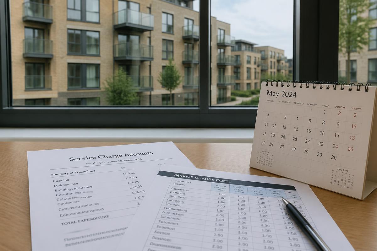 Service charge accounts and a desk calendar beside a window overlooking a residential apartment block.