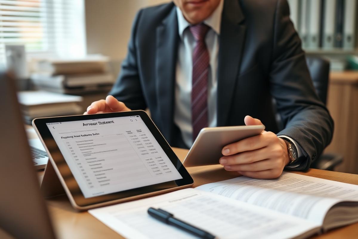 Property professional reviewing an arrears statement on a tablet beside printed ledgers.