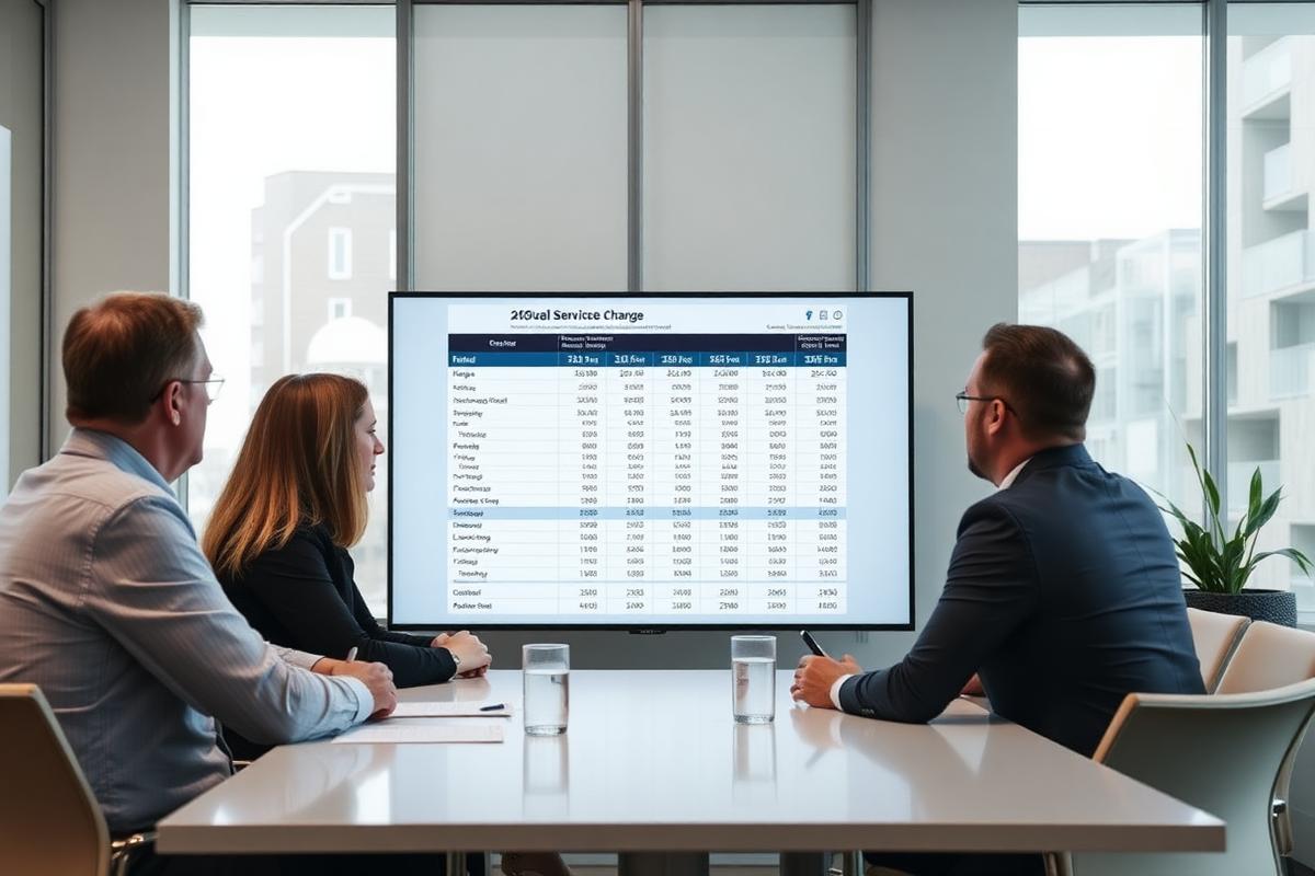 Directors reviewing an annual service charge budget on a meeting room screen.