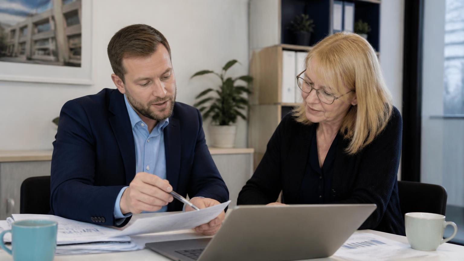 Leaseholder and property manager reviewing residential service charge accounts