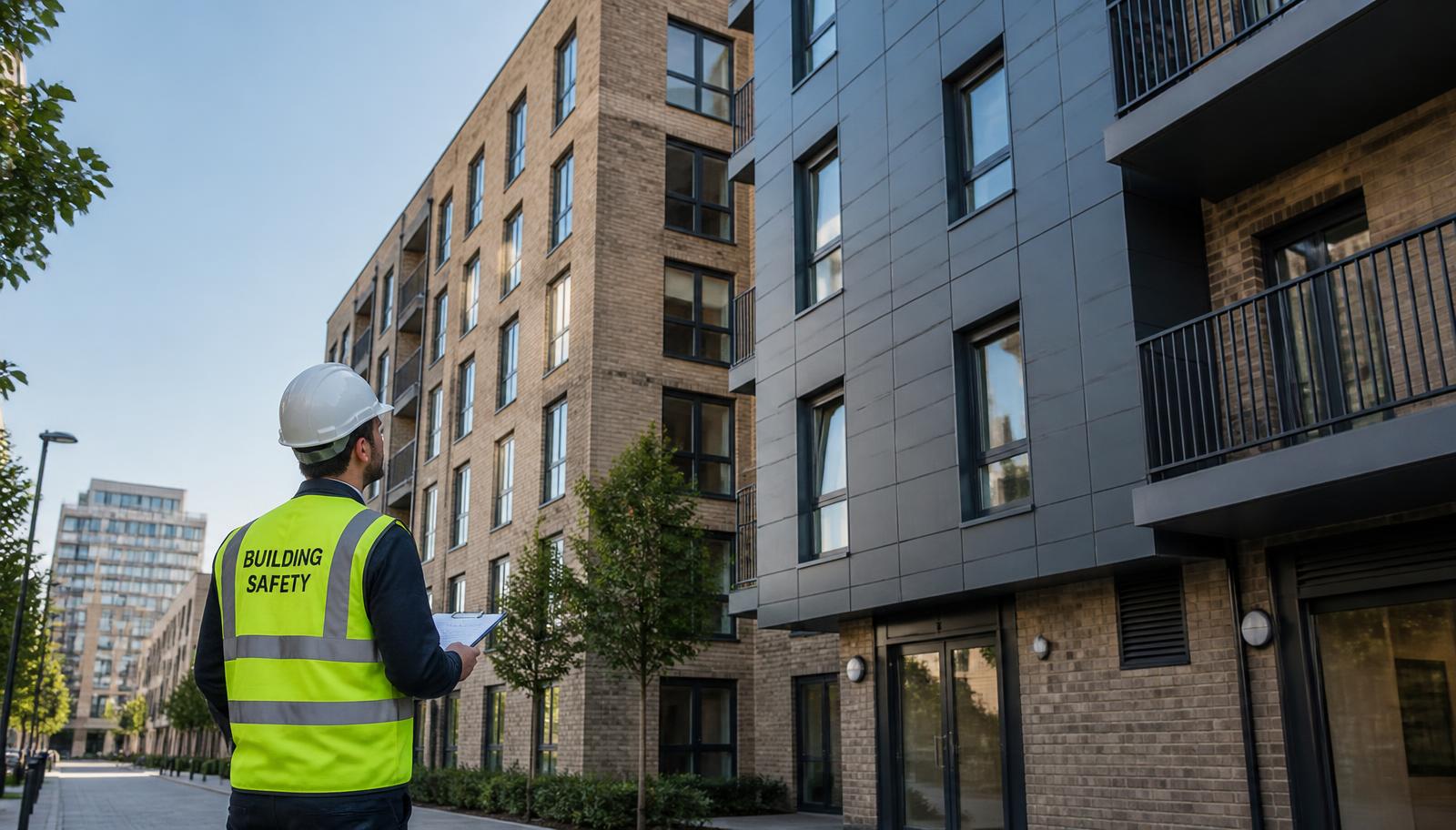 Building safety professional assessing the external walls of modern East London apartment blocks