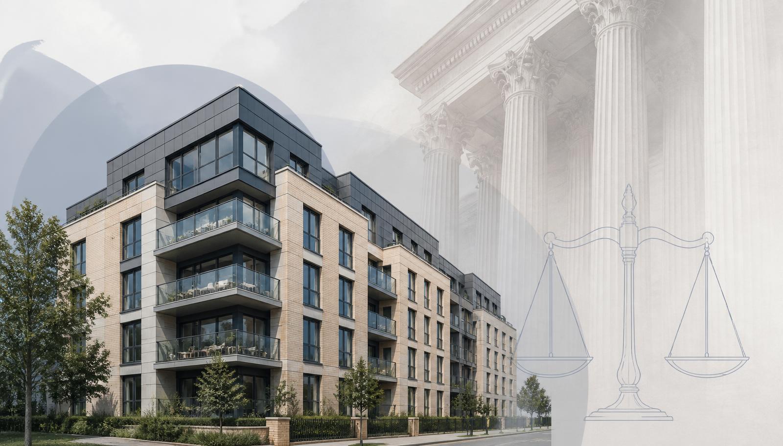 Illustration of a residential apartment block alongside faint courtroom columns, representing a leasehold court judgment