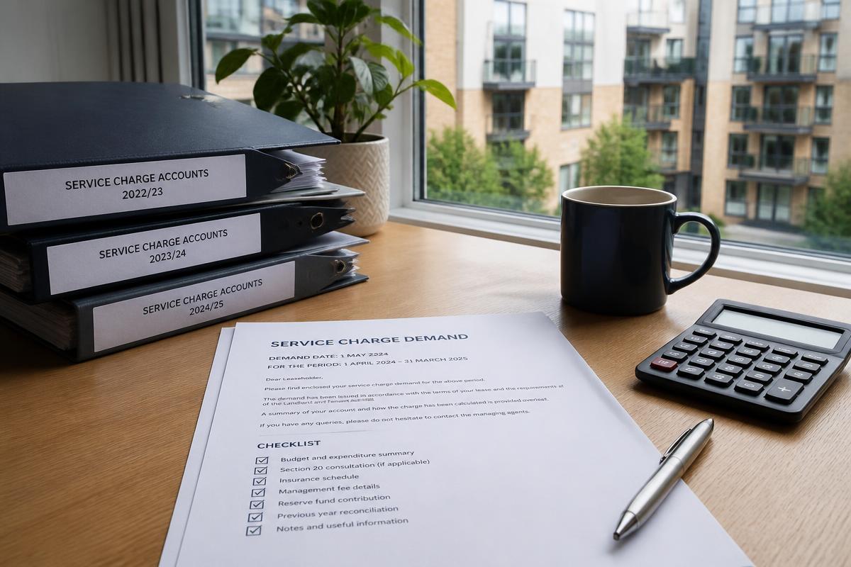 A service charge demand and a checklist on a desk beside a window overlooking a residential apartment block.