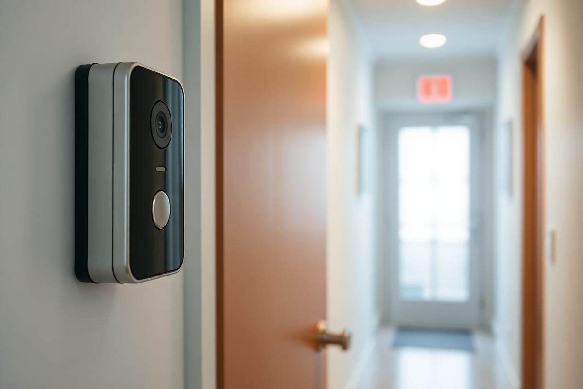 Video doorbell camera mounted beside a flat entrance door in a communal hallway.