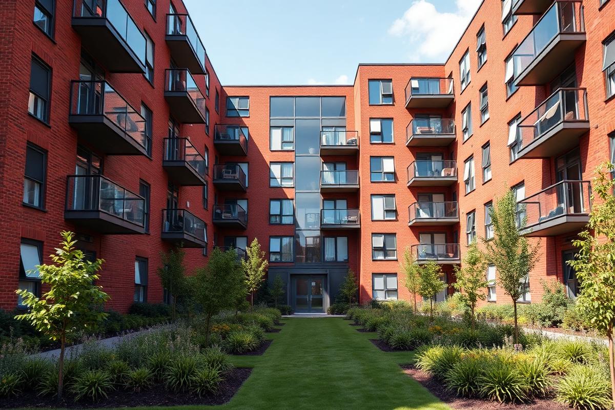Red brick apartment block with balconies and landscaped communal grounds.